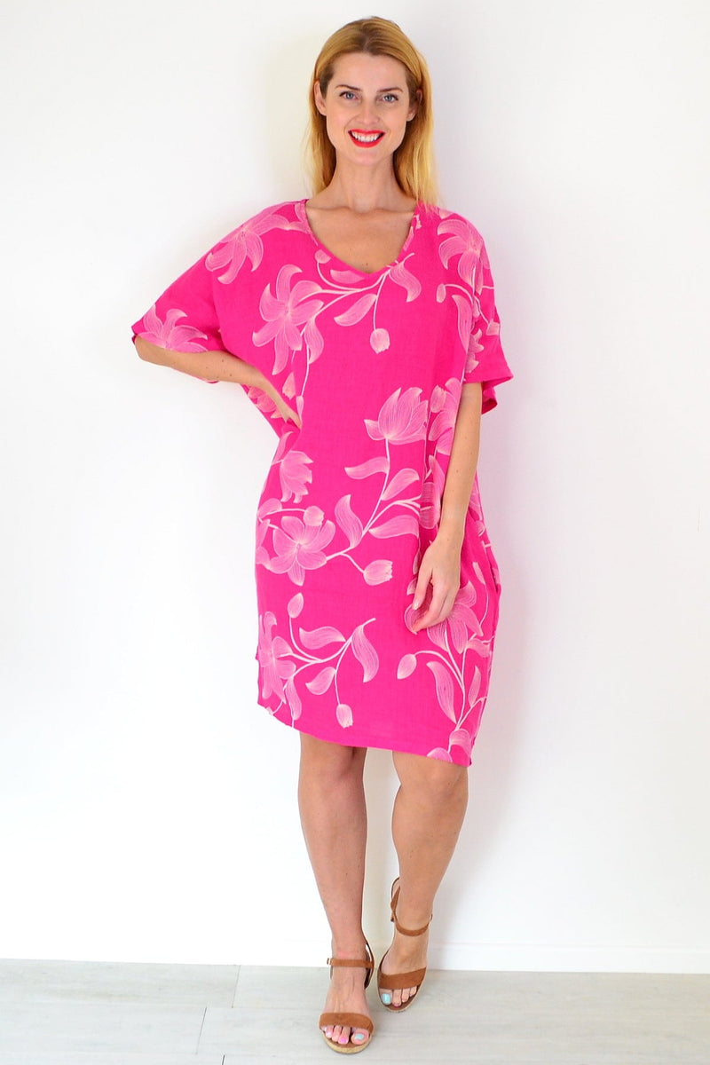 Pink Embroidery Print Linen Dress | I Love Tunics