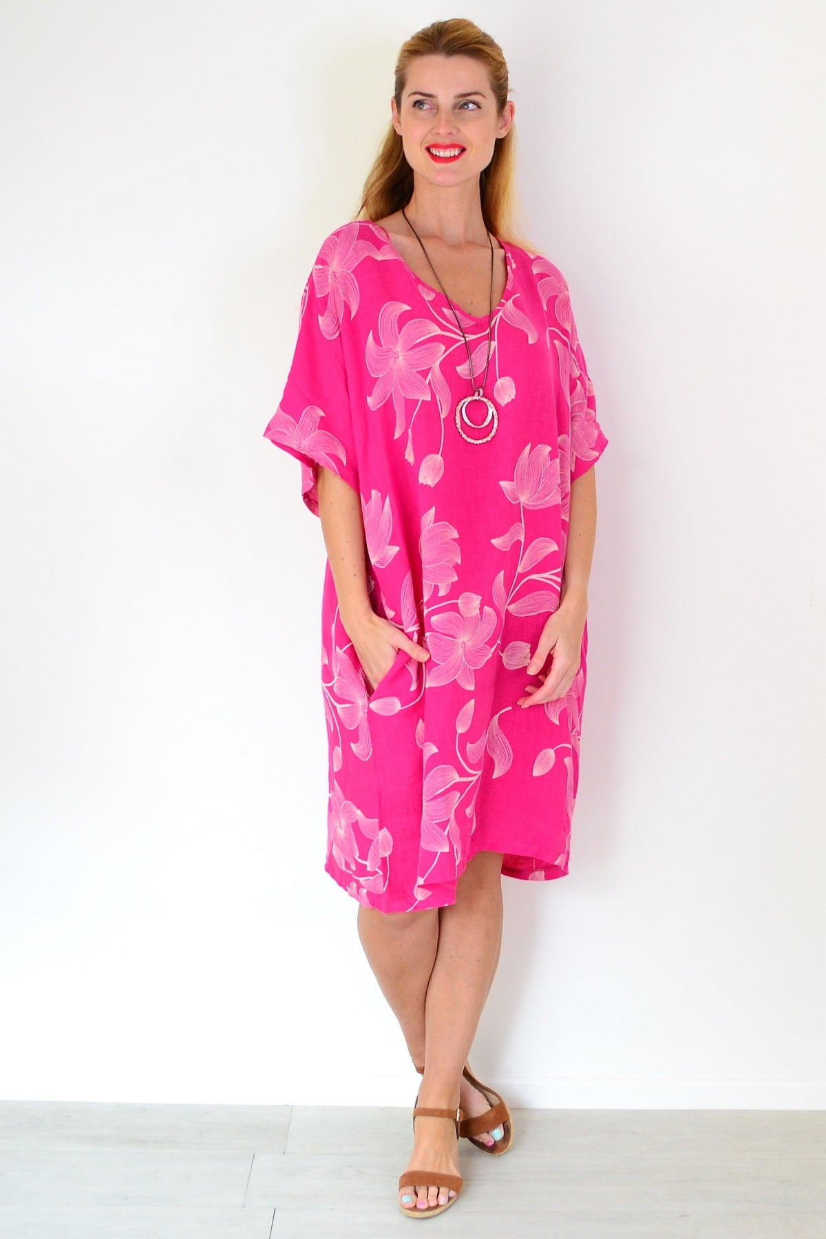 Pink Embroidery Print Linen Dress | I Love Tunics