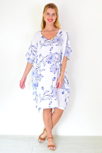 White Embroidery Print Linen Dress | I Love Tunics | Tunic Tops | Tunic | Tunic Dresses  | womens clothing online