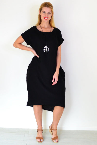 Black Short Sleeve Side Pockets Linen Dress | I Love Tunics | Tunic Tops | Tunic | Tunic Dresses  | womens clothing online