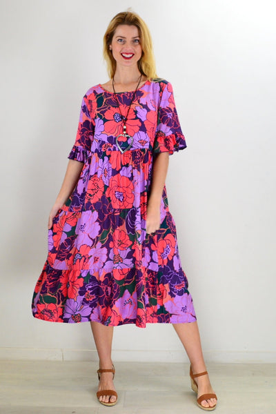 Purple Apricot Floral Midi Dress | I Love Tunics | Tunic Tops | Tunic | Tunic Dresses  | womens clothing online