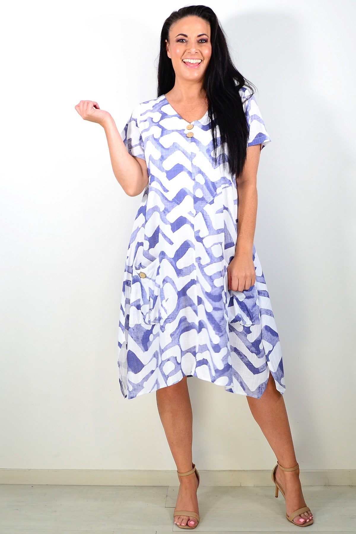 White Blue Print Linen Blend Tunic Dress White Blue Print Linen Blend Tunic Dress