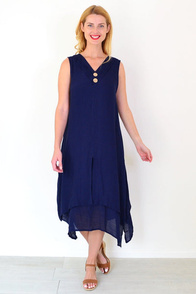Navy Blue Sleeveless Coconut Button Tunic Dress | I Love Tunics | Tunic Tops | Tunic | Tunic Dresses  | womens clothing online