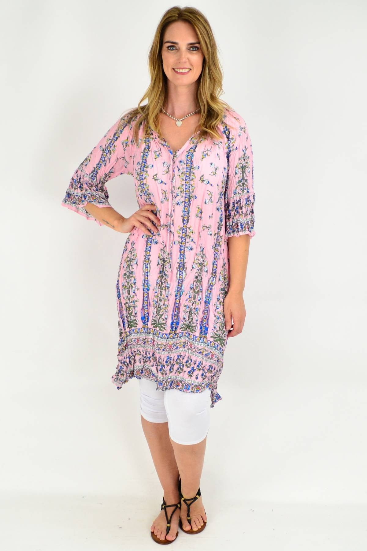 Light Pink Floral Crinkle Tie Tunic Dress | I Love Tunics