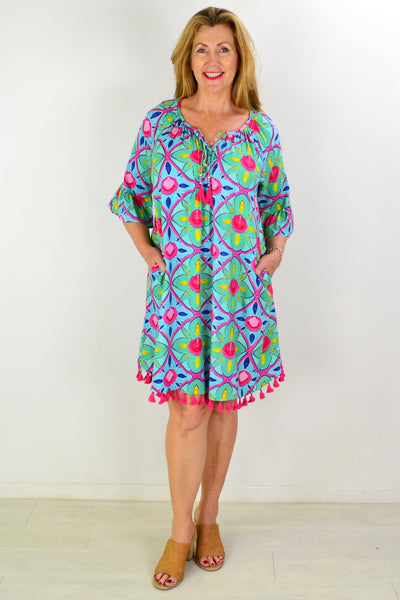 Aqua Barcelona 3/4 sleeve Tassel Tunic Dress | I Love Tunics | Tunic Tops | Tunic | Tunic Dresses  | womens clothing online