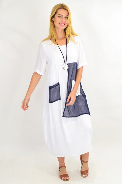White Linen Blend Net Pocket Tunic Dress - I Love Tunics