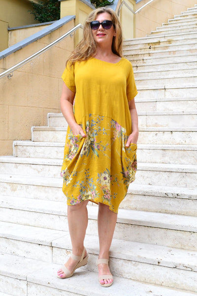 Mustard Native Flower Sleeve Linen Tunic Dress - I Love Tunics