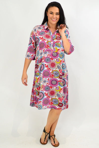 Multicolour Flower Linen Blend Tunic Dress with Pockets - I Love Tunics