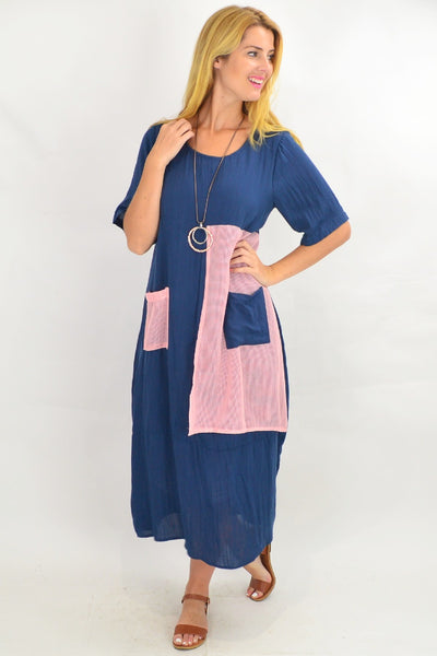 Blue Linen Blend Net Pocket Tunic Dress - I Love Tunics