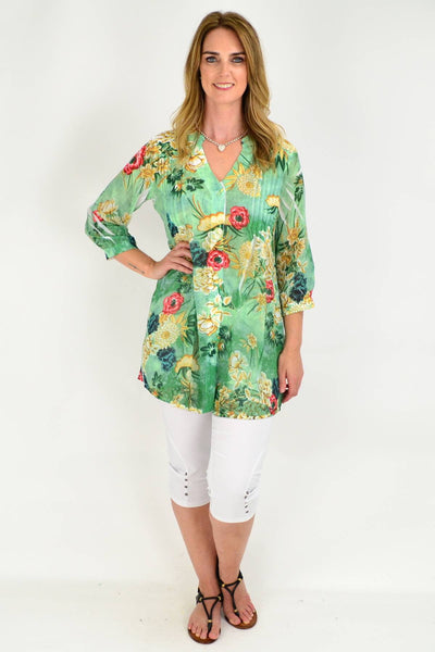 Green Floral Pleated Tunic Shirt | I Love Tunics | Tunic Tops | Tunic | Tunic Dresses  | womens clothing online