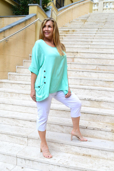 Aqua Coconut Button Sloping Sleeve Tunic Top - I Love Tunics