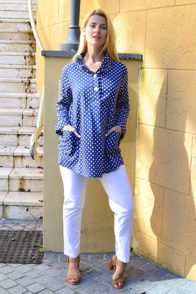 Blue Spots High Collar Tunic Shirt - I Love Tunics