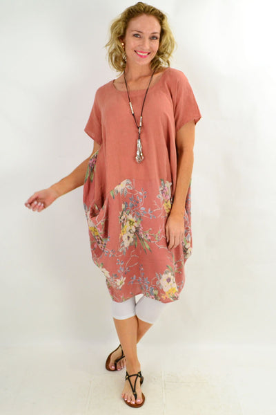 Dark Salmon Native Flower Sleeve Linen Tunic Dress - I Love Tunics
