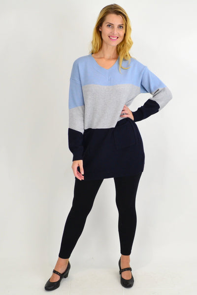 Blue V neck Woolly Winter Tunic Jumper - I Love Tunics