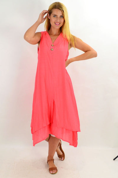 Tangerine Sleeveless Coconut Button Tunic Dress - I Love Tunics