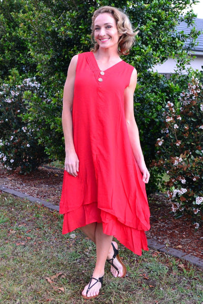 Red Sleeveless Coconut Button Tunic Dress - I Love Tunics