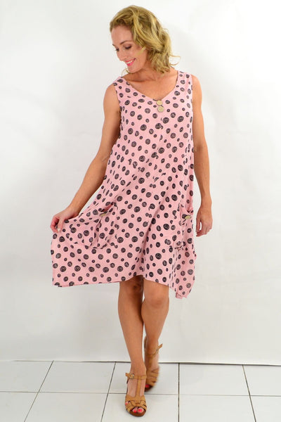 Pink Happy Black Dots Sleeveless Tunic Dress - I Love Tunics