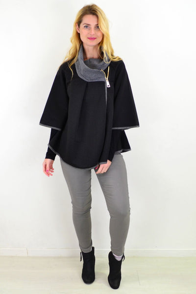 Black Quilted Grey Collar Winter Poncho Tunic - I Love Tunics