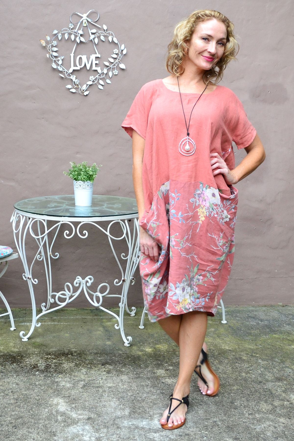 Dark Salmon Native Flower Sleeve Linen Tunic Dress Dark Salmon Native Flower Sleeve Linen Tunic Dress