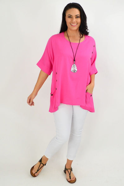 Hot Pink Coconut Button Sloping Sleeve Tunic Top - I Love Tunics