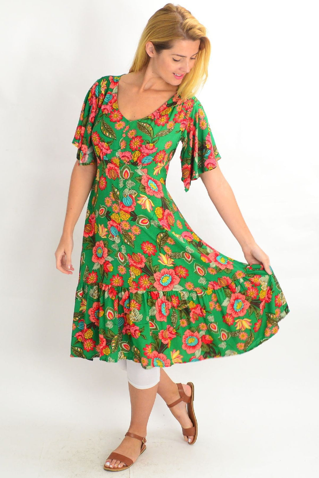 Green Floaty Flower Flutter Sleeve Tunic Dress Green Floaty Flower Flutter Sleeve Tunic Dress