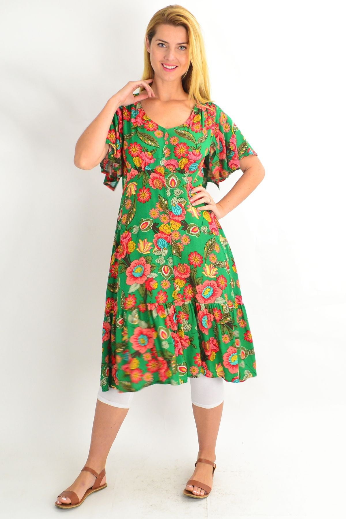 Green Floaty Flower Flutter Sleeve Tunic Dress Green Floaty Flower Flutter Sleeve Tunic Dress