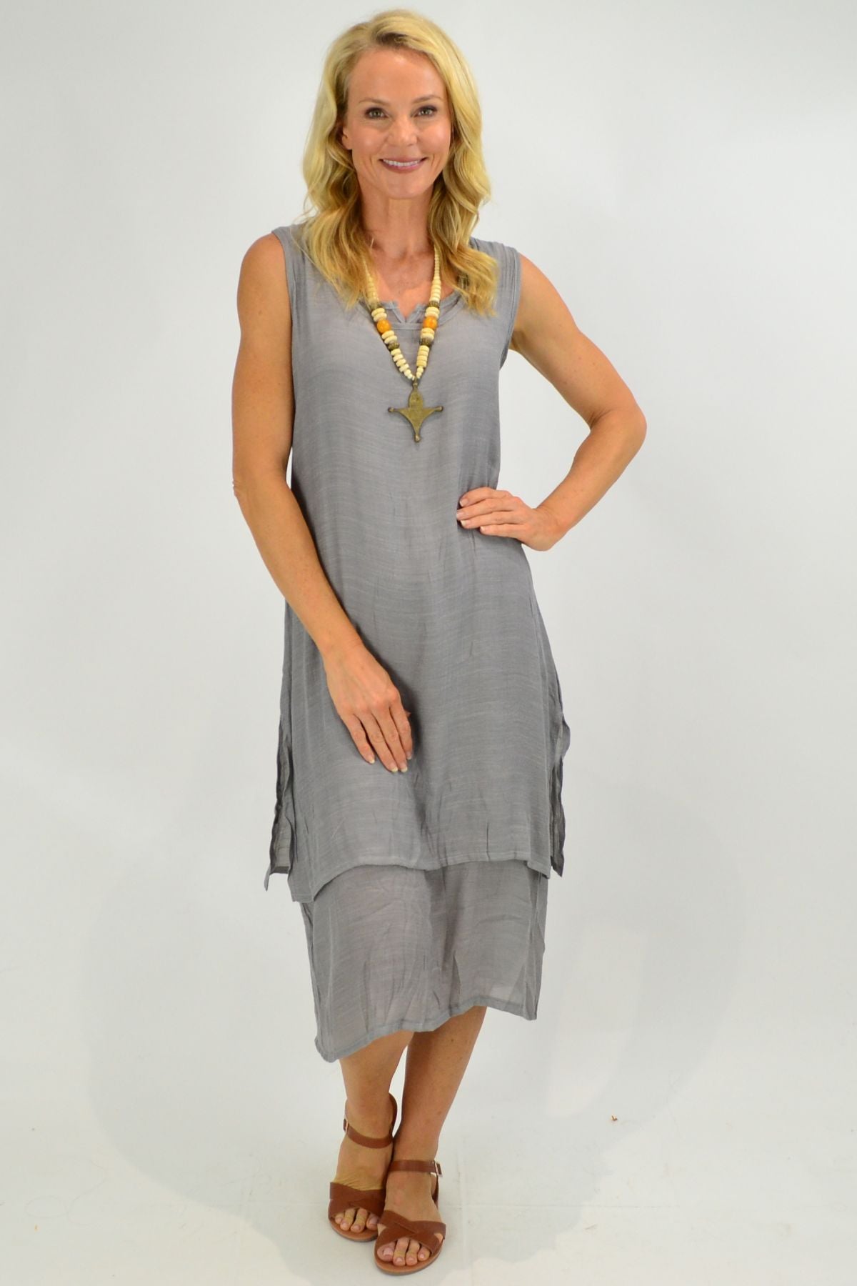 Grey V Sleeveless Layered Tunic Dress Grey V Sleeveless Layered Tunic Dress