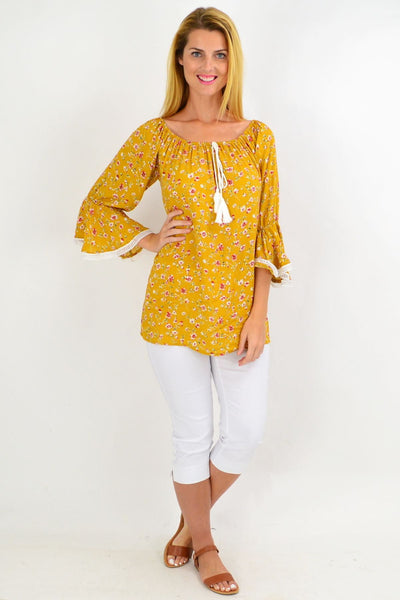 Mustard Floral Tassel Off shoulder Tunic Top | I Love Tunics | Tunic Tops | Tunic | Tunic Dresses  | womens clothing online