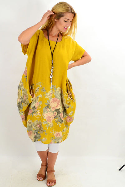Mustard Vintage Bouquet Short Sleeve Linen Tunic Dress - I Love Tunics