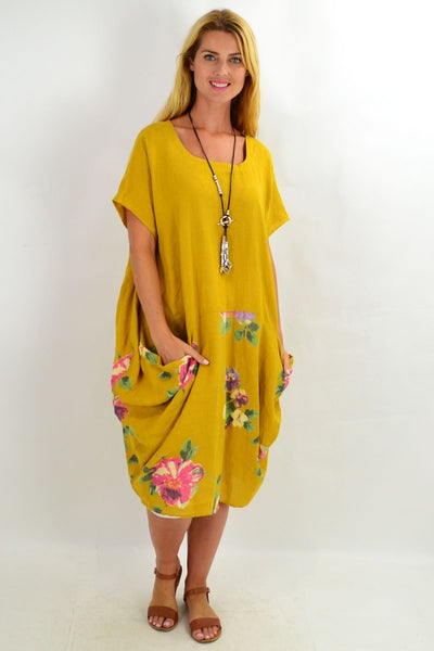 Mustard Hibiscus Linen Tunic Dress - I Love Tunics