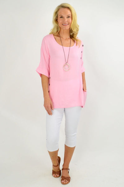 Soft Pink Coconut Button Sloping Sleeve Tunic Top - I Love Tunics