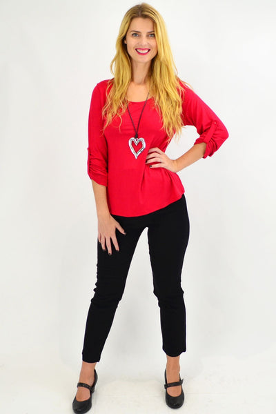 Red Button Up Long Sleeve Basic Top - I Love Tunics