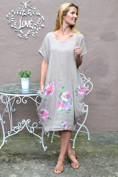 Taupe Hibiscus Short Sleeve Linen Tunic Dress - I Love Tunics