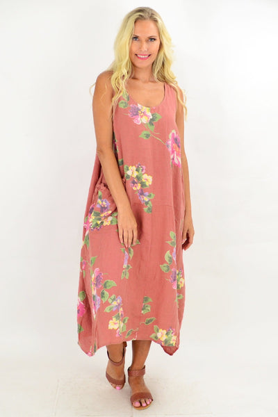Dark Salmon Hibiscus Linen Tunic Dress - I Love Tunics