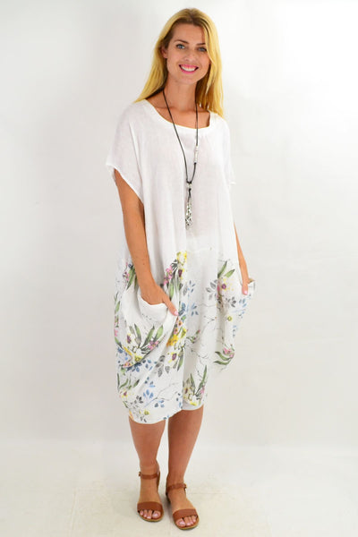 White Native Flower Sleeve Linen Tunic Dress - I Love Tunics