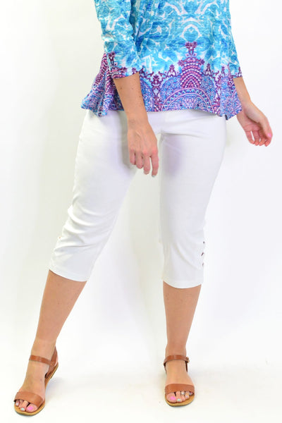 White 3/4 Cut Out Pull on Pants - I Love Tunics