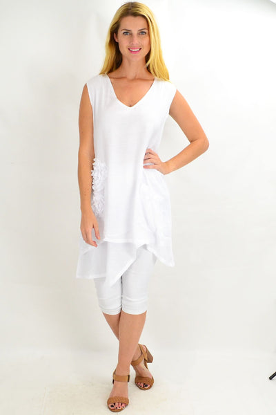 White Applique Sleeveless Tunic Top - I Love Tunics